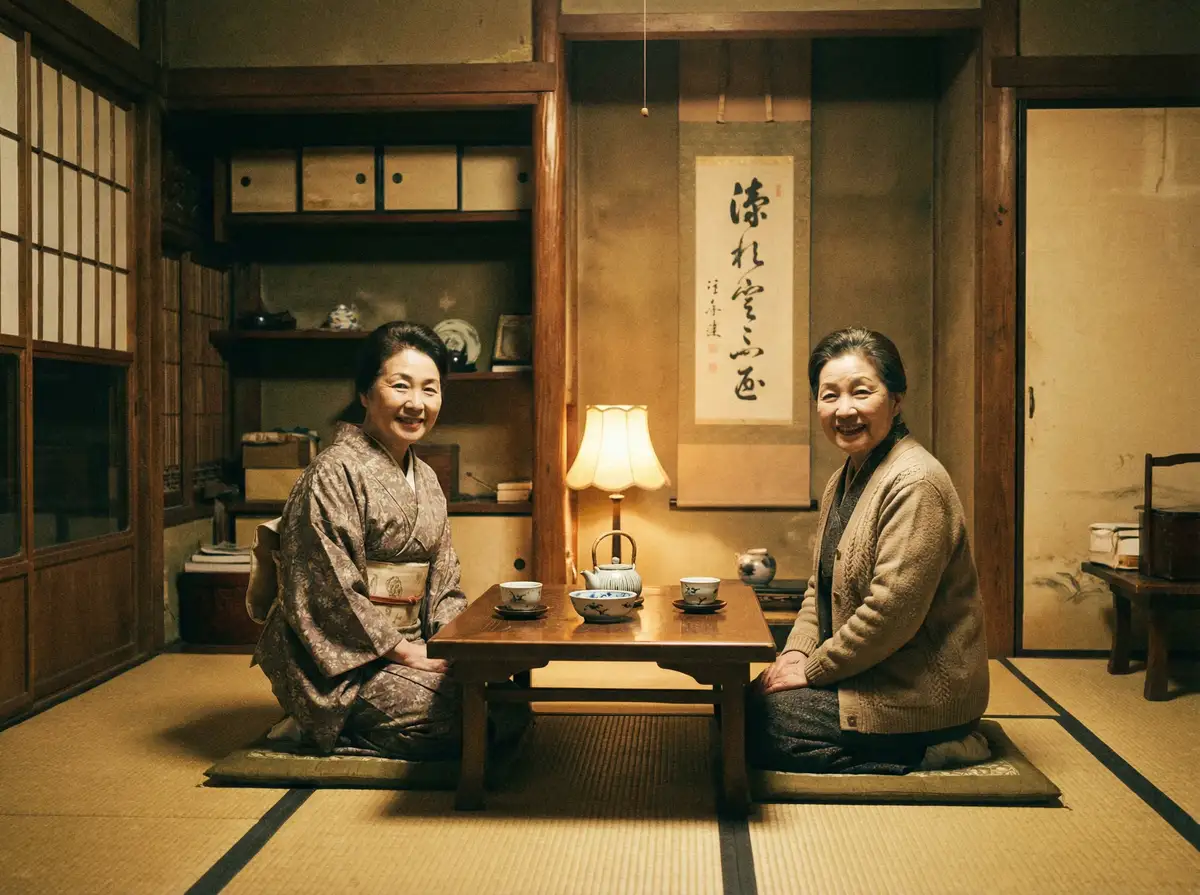 两位优雅的 黄色动漫 在日式茶室中品茶交谈
